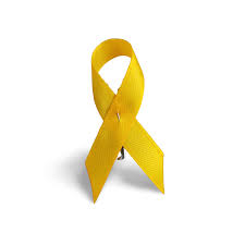 Lazo solidario amarillo dorado con imperdible met�lico contra el c�ncer  infantil